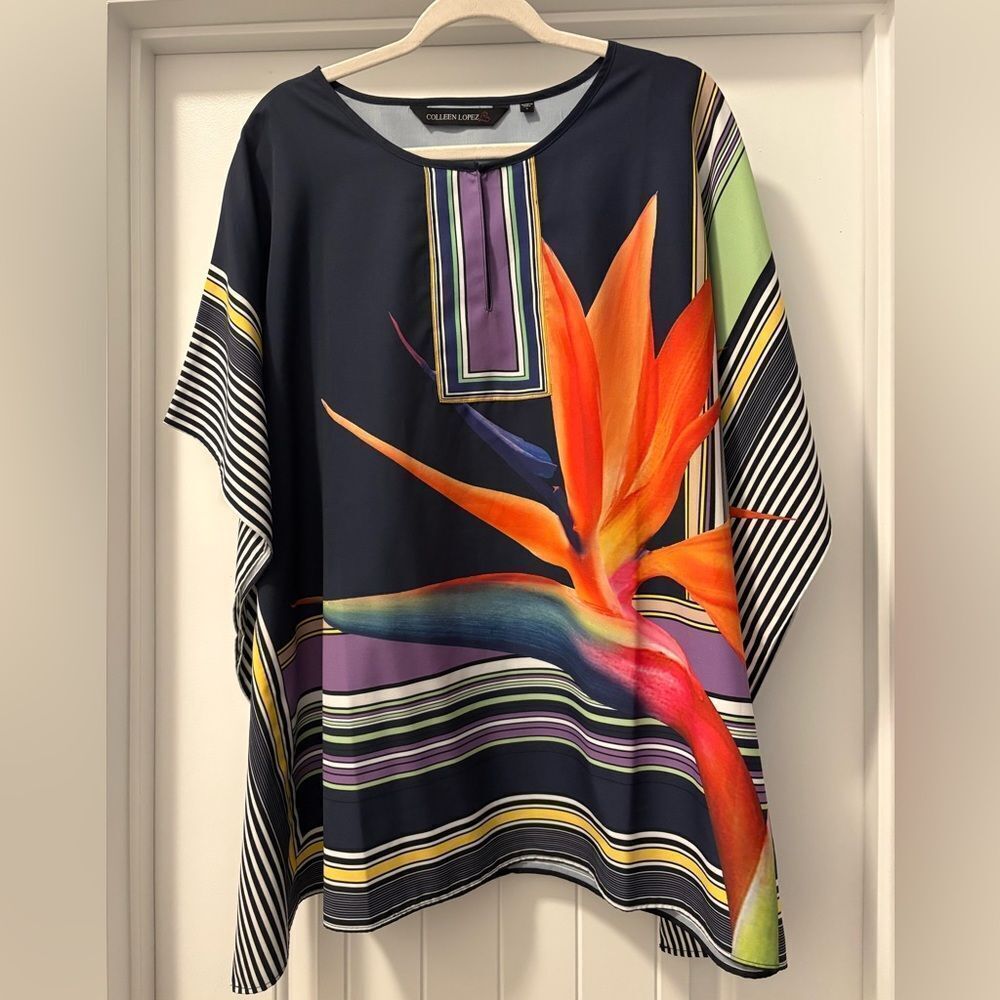 Colleen Lopez Blue Tunic Poncho with Orange and Purple Accents Size Large